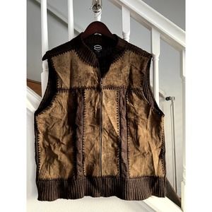 Vintage Brown Suede & Knit Sleeveless Zip Front Vest‎ Unisex Size Large